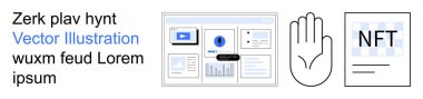Dijital mülkiyet, medya arayüzü, kimlik doğrulama, engelleme zinciri, siber güvenlik, izinler. Bir web arayüzü, el hareketi ve NFT kartı. Dijital mülkiyet ve kimlik doğrulama kavramı