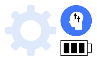 Üretkenlik kavramı. Vites, baş ve pil ikonları üretkenlik, enerji ve gelişim simgeleri. Üretkenlik yaratıcılığı, verimliliği ve motivasyonu arttırır. Şirket teknolojisi ve iş akışı için