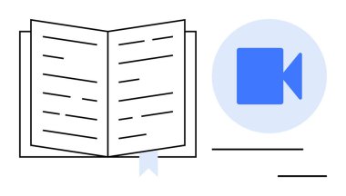 Çevrimiçi eğitim, öğrenme araçları, eğitim içeriği oluşturma, sanal sınıflar, e-öğrenme, uzaktan eğitim. Kitap ayracı ve mavi bir video kamera ikonu içeren kitabı aç. Çevrimiçi eğitim ve öğrenim