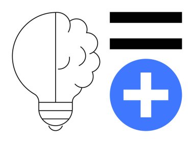 Beyni olan ampul eşittir işaret ve mavi artı sembol. Yenilik, yaratıcılık, takım çalışması, problem çözme, beyin fırtınası gelişimi ve strateji görselleştirme için idealdir. Basit düz metafor