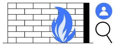 Mavi alevli tuğla duvar, kullanıcı simgesi, dijital güvenliği, güvenlik duvarını ve veri korumasını temsil eden büyüteç. Siber güvenlik, web gizliliği, güvenlik duvarı sistemleri, tehdit önleme erişimi için ideal