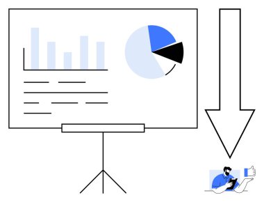 Veri analizi, iş stratejisi, sunum becerileri, iletişim, kurumsal büyüme, takım çalışması. Cihaz kullanan bir kişi ile grafikleri ve pasta grafiğini göster. Veri analizi ve iş