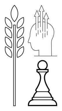 Büyüme ve strateji kavramı. Satranç taşlarıyla strateji geliştirirken buğday ve yukarı doğru oklarla büyür. Büyüme, yenilik ve liderlik. İş, eğitim, liderlik tarımı veya
