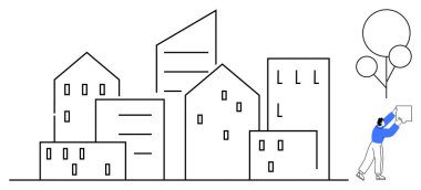 Şehir manzarası kavramı. Şehir mimarisi ve modern binalar bir insanın balonlarla etkileşimi. Kentsel yaşam tarzı, planlama, gayrimenkul ve yaratıcılık kavramları için şehir tasarımı