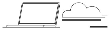 Bulut hesaplama, veri depolama, teknoloji, uzaktan çalışma, bilişim çözümleri, bağlantı görselleştirme. Dizüstü bilgisayar ve bulut simgesi gibi minimalist çizgiler. Bulut hesaplama ve veri depolama kavramı