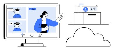 Çevrimiçi öğrenme kavramı. Çevrimiçi öğrenme sanal sınıfları ve kusursuz bağlantıları mümkün kılar. Çevrimiçi öğrenme eğitim uygulamalarını, uzaktan çalışma araçlarını, dijital eleman alımını ve bulut depolama yönetimini destekler