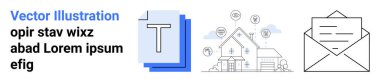 Grafik tasarım, iletişim, emlak, e-posta pazarlama, finansal hizmetler, dijital içerik. Mavi tipografi ikonu, finans simgeleri özet zarflı minimalist ev. Grafik tasarımı