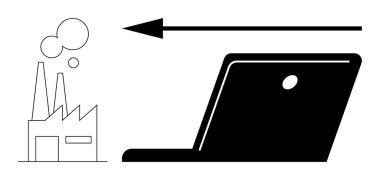 Dijital dönüşüm. Dizüstü bilgisayarı olan fabrika ikonu geleneksel imalattan modern endüstriyel teknolojilere geçiş yapıyor. Dijital dönüşüm verimliliği ve verimliliği arttırır. Teknoloji için
