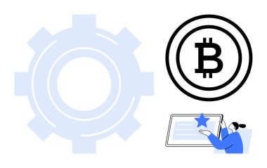 Engelleme zinciri, kripto para birimi, dijital hizmetler, fintech, ademi merkeziyet, çevrimiçi etkileşimler. Bitcoin logosu, vites biçimi ve dijital tabletle etkileşim halinde olan kişi. Engelleme zinciri ve kripto para birimi