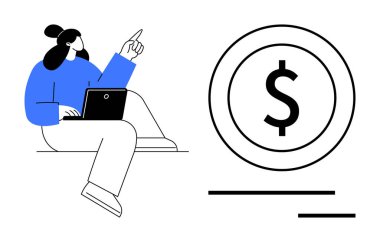 Finans, e-ticaret, bütçe, çevrimiçi iş, yatırım planlaması ve iş stratejisi. Dizüstü bilgisayarı olan bir kadın dolar işaretini işaret ediyor. Modern bağlamda finans ve e-ticaret fikirleri