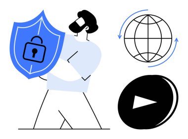 Siber güvenlik, veri gizliliği, çevrimiçi güvenlik, bilgi güvenliği, küresel iletişim, dijital kontrol. Kilit, küre ve medya sembollü bir kalkan tutan kişi. Siber güvenlik ve veri gizliliği