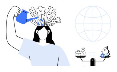 Zihinsel gelişim konsepti. Çiçekleri sulayan kadın yaratıcılık ve gelişim. Zihinsel büyüme küresel farkındalığa ve finansal dengeye bağlıdır. Kişisel bakım, eğitim, finans, refah için