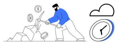 Finans, kripto para, zaman yatırımı, zenginlik yaratımı, kaynak yönetimi, dijital ekonomi. Saatli ve bulutlu madeni paralar çıkarmak için kazma kullanan bir adam. Finans ve kripto para birimi