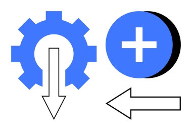 İşlem otomasyonu. Vites ve ok sistemi iş akışı ve verimliliği. Artı, toplama veya iyileştirmeyi gösteren tabela. Üretkenlikte işlem otomasyonu, yazılım tasarımı, işlem yönetimi, kullanıcı