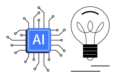 Teknoloji, yenilik, yapay zeka, yaratıcılık, dijital dönüşüm, gelecekteki çözümler. Bir ampul ikonunun yanındaki devrelere bağlı yapay zeka çipi. Teknoloji ve yenilik