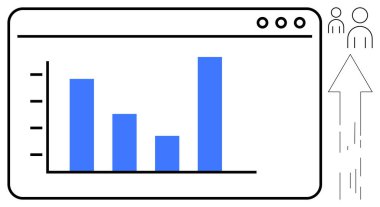 Veri analizleri, iş büyümesi, kullanıcı görüşleri, piyasa eğilimleri, performans takibi, dijital strateji. Bir tarayıcı arayüzü içinde bir çubuk grafiği ve kullanıcı simgeleriyle yukarı doğru bir ok. Veri analizleri