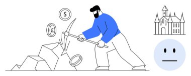 Kripto para birimi madenciliği, finans, yatırım, zenginlik yaratma, dijital ekonomi, sanal işlemler. Kale gibi paralar çıkarmak için kazma kullanıyor ve tarafsız duygular görülebiliyor. Kripto para birimi