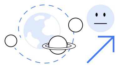 Uzay keşfi, insani duygular, gelecekteki hedefler, büyüme, kozmik bağlantı, bilimsel keşif. Yörünge halkaları, gök cisimleri tarafsız bir yüz ve yukarı doğru ok olan bir gezegen. Uzay keşfi