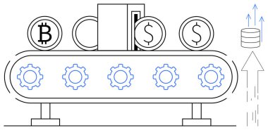 Kripto para birimi, finansal otomasyon, engelleme zinciri, fintech, madencilik süreçleri ve dijital ekonomi. Bozuk paralar ve vitesli taşıma bandı işlem akışını gösteriyor. Kripto para birimi ve engelleme zinciri