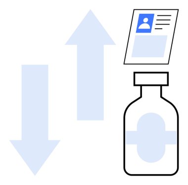 Aşı dağıtımı görsel. Aşı şişesi, kimlik kartı ve yön oklarının yanı sıra tıbbi lojistik, aşı erişimi ve sağlık yönetimi. Sağlık, lojistik ve aşı için ideal
