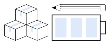 Enerji, yaratıcılık, denizcilik, minimalizm, üretkenlik, modern tasarım. Yığılmış küpler, bir kalem ve temiz bir kompozisyonda dizilmiş bir pil ikonu. Enerji ve yaratıcılık görsel kavramlar