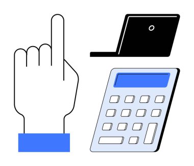 İş, teknoloji, finansal yönetim, eğitim, dijital araçlar, iletişim. Eller yukarı, hesap makinesi bilgisayarı. Modern görevler için iş ve teknoloji kavramı araçları