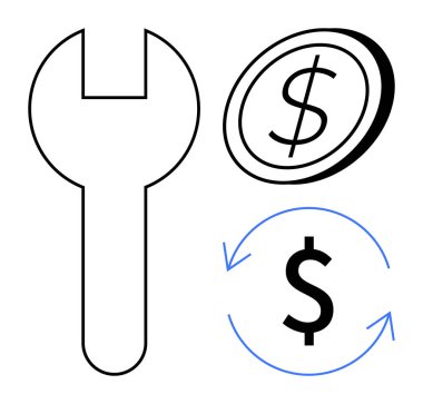 Finansal yönetim, döviz kuru, ekonomik verimlilik, bütçe araçları, onarım hizmetleri, yatırım. Dolar sembolleri ve oklar arasında el sıkışın. Mali yönetim ve para birimi