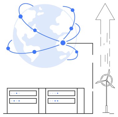 Yenilenebilir enerji, küresel bağlantı, bulut hesaplama, veri merkezleri, sürdürülebilir teknoloji, çevresel çözümler. Birbirine bağlı noktalar, rüzgar türbini, veri merkezleri ve yukarı doğru bir ok olan dünya