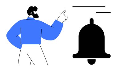 Bildirimler, uyarılar, hatırlatıcılar, iletişim, teknoloji, verimlilik. Hareket çizgileri olan bir çan simgesini işaret eden biri. Bildirimler ve uyarılar konsepti