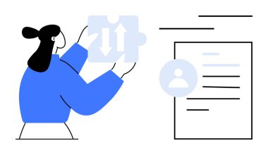 Sorun çözme, veri yönetimi, sistem entegrasyonu, takım çalışması, karar verme, kullanıcı profilleri. Belge simgesinin yanında okları olan bir yapboz parçası tutan kadın. Sorun çözme ve veri yönetimi