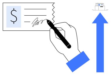 Ödeme işlemi. Ödeme konsepti çek imzalama, yukarı doğru ok büyümesi ve ödeme terminali ikonu. E-ticaret, bankacılık, teknoloji, finans ve iş akışı alanlarında ödeme