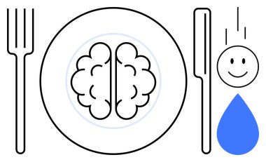 Beyin yiyeceği konsepti. Sağlıklı beslenme ve akıl sağlığını vurgulayan sağlık sembolleriyle desteklenen beyin gıdaları. Beslenme, farkındalık, nörobilim ve refah tanıtımı konularındaki materyaller için mükemmel.