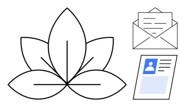 İletişim konsepti. İletişim sembolleri nilüfer armonisi, mesajlar için zarf ve bir kimlik kartı içerir. Doğa, kimlik ve yazışmalar arasındaki iletişim. Şirket kimliği ve refahı için.