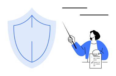 Belgeleri tutan ve çizgileri gösteren kişi koruma için mavi kalkan görüntüsü. Eğitim, güvenlik eğitimi, uyum, yasal rehberlik, risk yönetimi, güvenlik sigortası için ideal. Basit düz