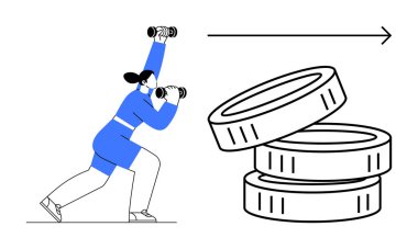 Finans, kişisel büyüme, yatırım, fitness hedefleri, ekonomik ilerleme, verimlilik. Bozuk paraların yanında dambıl ve ok kaldıran bir kadın. Mali ve kişisel büyüme