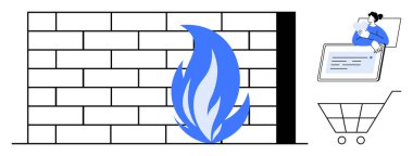 Güvenlik duvarı konsepti. Güvenlik duvarı dijital güvenlik aracı olarak çevrimiçi alımları ve kişisel verileri güvence altına alıyor. Güvenlik duvarı e-ticaret, veri gizliliği ve internet koruması için siber güvenlik sağlıyor. Siber için mükemmel.