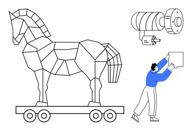 Truva atı konsepti. Çokgen atın siber güvenlik tehditleri ve aldatmacaları. Truva atı online dolandırıcılık ve siber savunmasızlık. Güvenlik, hackleme, yazılım ve dijital tehditler için kullanışlı