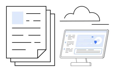 Veri depolama, belge yönetimi, dijital dosyalama, bulut hesaplama, dijital dönüşüm, ofis verimliliği. Kağıtlar bulut simgesi olan bir monitörün yanına istiflenmiş. Veri depolama ve belge yönetimi