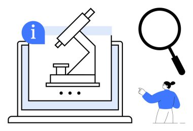 Bilim eğitimi, araştırma araçları, veri analizi, çevrimiçi öğrenme, bilim teknolojisi, yenilik. Ekranda büyüteç ve sunuculu dijital mikroskop var. Bilim eğitimi ve araştırma araçları