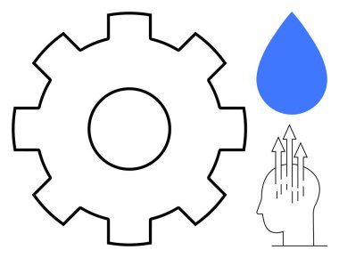 Yenilik kavramı. Vites simgesi süreçleri ve sistemleri, su damlası sürdürülebilirliği ve baş yaratıcılığın oklarını gösteriyor. Teknoloji, çevre veya iş yeniliği için ideal