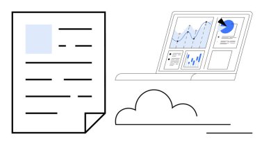 Veri bilimi, bulut teknolojisi, analitik, dijital depolama, iş aletleri, raporlama. Grafiklerle dolu bir kağıt belge ve dizüstü bilgisayar, çizelgeler aşağıda. Veri bilimi ve bulut teknolojisi görselleştirmesi