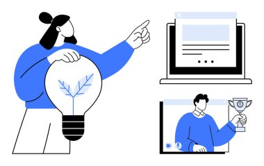 Yaratıcı işbirliği ve başarılar elinde ampul tutan bir kişi, ekranda kupa tutan bir kazanan ve bir web sayfası tasarımıyla vurgulandı. Takım çalışması için ideal, yenilik, başarı, online