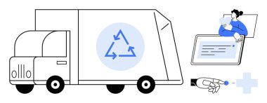 Geri dönüşüm konsepti. Çevre sembollü geri dönüşüm kamyonu ve sürdürülebilirlik için dijital araçların entegrasyonu. Yenilikçiliği, teknolojiyi ve çevre dostu çözümleri vurgulayan geri dönüşüm. Sürdürülebilirlik