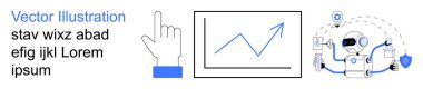 Veri görselleştirme, yapay zeka, teknolojik çözümler, iş analizleri, robot otomasyon, kullanıcı arayüzü. Bir çizelge, robot ve işaret eden bir el çizimi. Veri görselleştirme ve yapay zeka kavramları