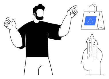 Geri dönüşüm konsepti. Alışveriş çantasının çevre dostu alışkanlıklarının geri dönüşüm sembolü. İnsan figürü eko-bilinçli fikirleri vurgular. Geri dönüşüm sürdürülebilir tüketici davranışını teşvik eder. Çevre girişimleri için