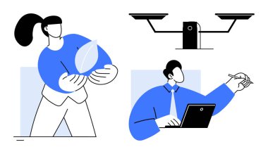 Sürdürülebilir yaşam, çevre koruma, karar verme, hukuk ve adalet, uzaktan çalışma, iş verimliliği. Yaprak tutan bir kadın, çalışan bir insan ve terazi. Sürdürülebilir yaşam ve hukuk