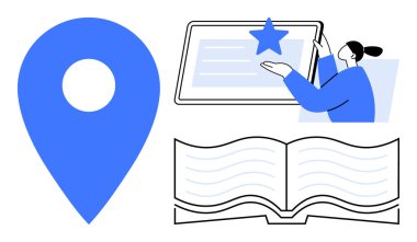 Navigasyon, eğitim, çevrimiçi kurslar, dijital içerik, bilgi paylaşımı, öğrenim araçları. Mavi lokasyon şifresi, açık defter ve yıldız ikonlu tablet kullanan biri. Seyrüsefer ve eğitim görsel olarak