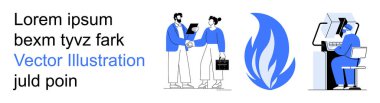 İş ekibi çalışması, iletişim, teknoloji, yaratıcılık, sağlık ve işbirliği. Profesyonel bireyler el sıkışıyor, stilize olmuş bir alev ve bilgisayar başında bir kişi. İş ve teknoloji