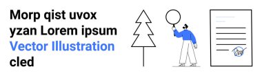Ağaç çizgisi, elinde balon tutan mavi kazaklı bir insan ve el ikonuyla imzalı bir belge. Yaratıcılık, anlaşmalar, çevre, kutlama, minimalizm, soyut fikirler için ideal basit iniş sayfası
