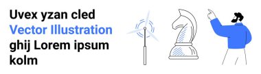 Strateji planlaması, karar verme, yenilenebilir enerji, yaratıcılık, liderlik, yenilik. Bir satranç şövalyesi, rüzgar türbini ve işaret eden bir figür. Strateji planlaması ve yaratıcılık kavramları